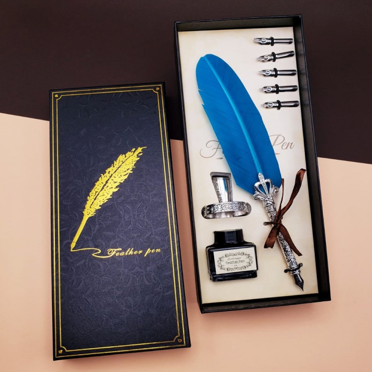 Ink Pen Set with Inkwell Blue Ink Pen Set with Inkwell Blue