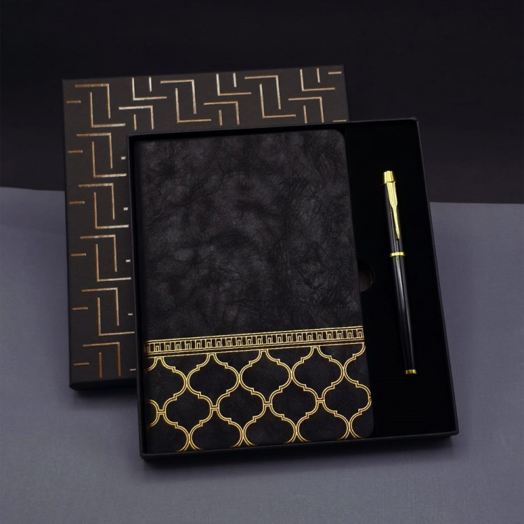 Gold Pattern Black Leather Notebook Pen Set Gold Pattern Black Leather Notebook Pen Set