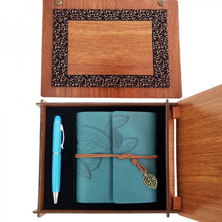 Ahşap Kutulu Mavi Deri Defter Kalem Seti Ahşap Kutulu Mavi Deri Defter Kalem Seti