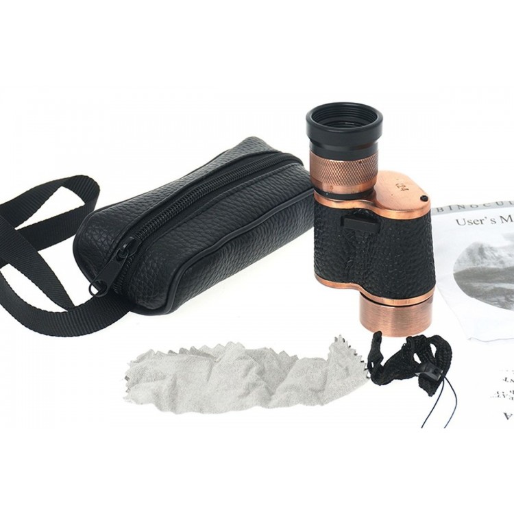 6x24 Military Style Brass and Leather-Covered Leather Case Monocular Binoculars