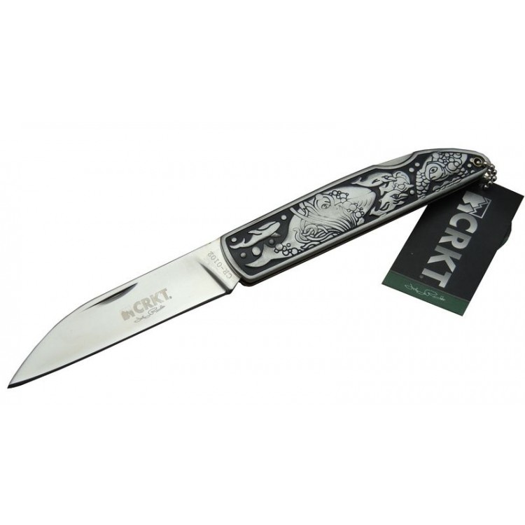 CRKT CR 0102 Kamp Çakı 20 cm - Balık Desenli Metal Sap, Kılıflı, Kutulu
