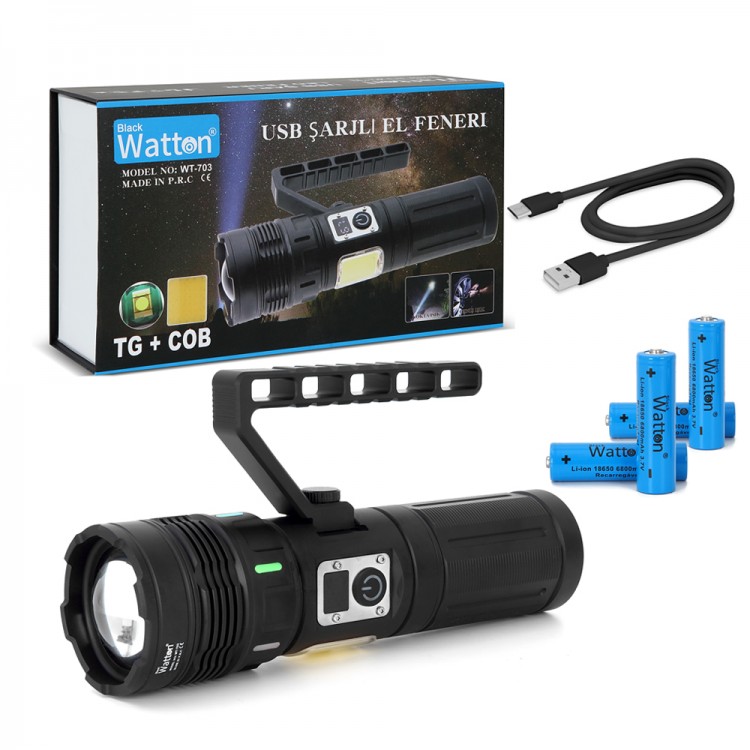 15.000 Lümen TG + COB LED Şarjlı El Feneri WT-703 15.000 Lümen TG + COB LED Şarjlı El Feneri WT-703