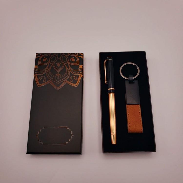 Leather Keyring and Brass Rollerball Pen Set