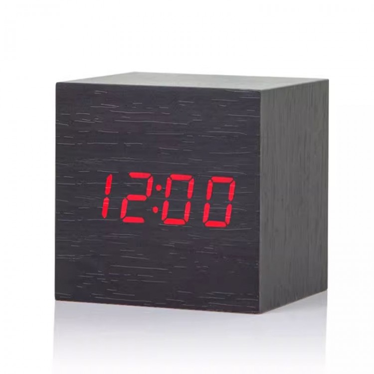 Cube Wooden Alarm Digital Alarm Clock Black Small Size
