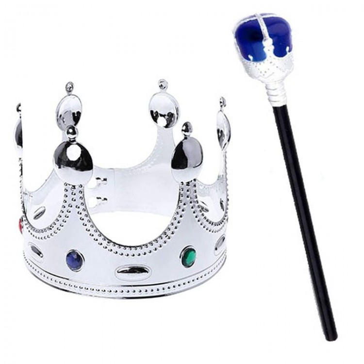 Children's Size Silver-Colored King's Crown and Blue-Topped King's Scepter