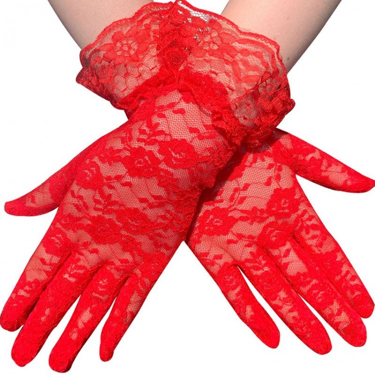 Red Lace Gloves with Lace Trim, Adult Size