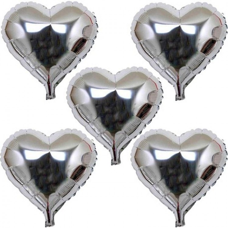 Heart-Shaped Silver Foil Balloon 45 cm 5 Pieces