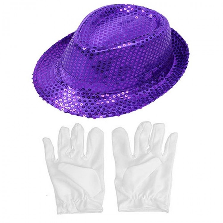 Purple Lilac Color Sequin Children's Hat and White Color Children's Gloves