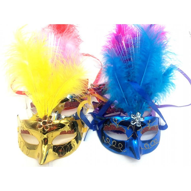 Colorful Feathered Venetian Party Mask Assorted Colors 12 Pieces