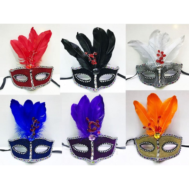 Mixed Color Party Mask with Beaded Feather Trim, 12 Pieces