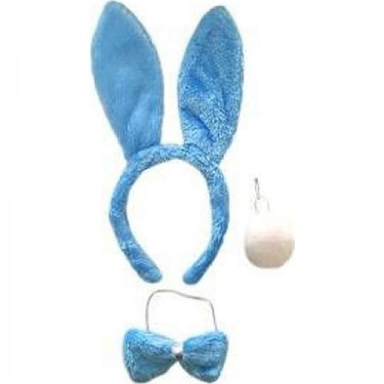 Bunny Costume Set Crown Bow Tie Pompom Tail Blue