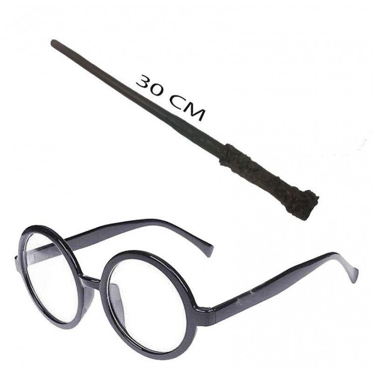 Harry Potter Wand 30 cm and Black-Framed Harry Potter Glasses Set
