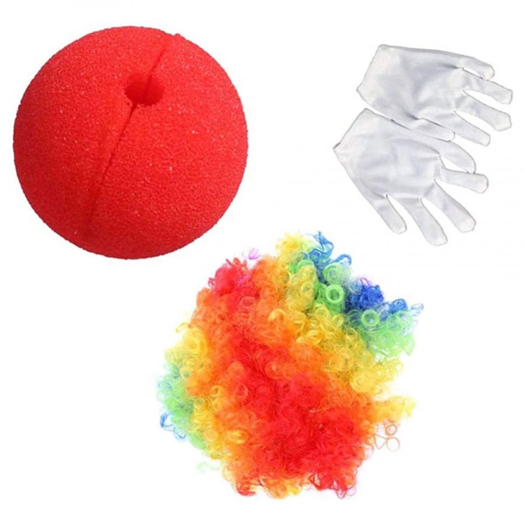 Rengarenk Palyaço Peruk Beyaz Eldiven Kırmızı Sünger Burun Palyaço Seti 3 Parça Rengarenk Palyaço Peruk Beyaz Eldiven Kırmızı Sünger Burun Palyaço Seti 3 Parça