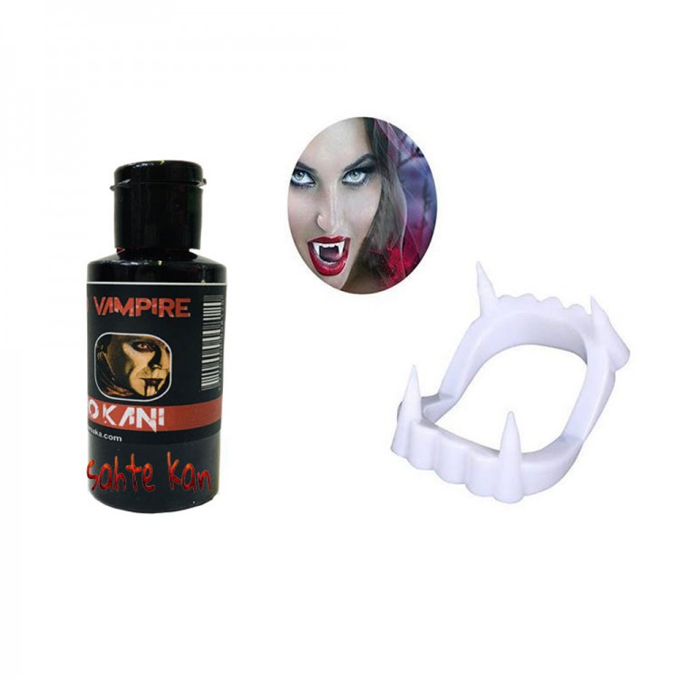 White Color Double Palate Nickname Vampire Tooth and 50 gr Theater Blood