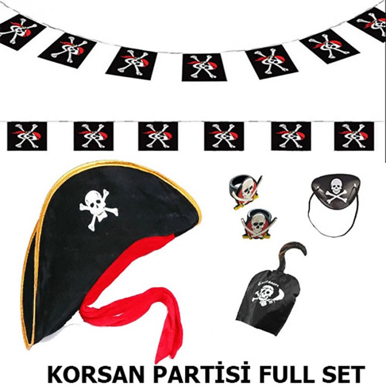 Kids Pirate Hat + Hook + Eye Patch + 2 Rings + Banner Set