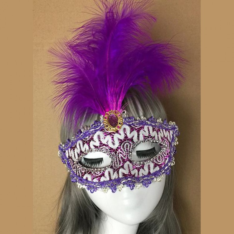 Purple Lace Embroidered Prom Party Mask with Purple Feathers 17x20 cm