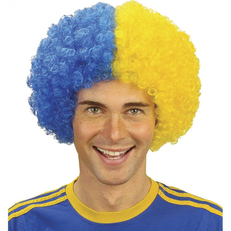 Yellow Navy Blue Curly Afro Bonus Wig Fan Bonus Hair