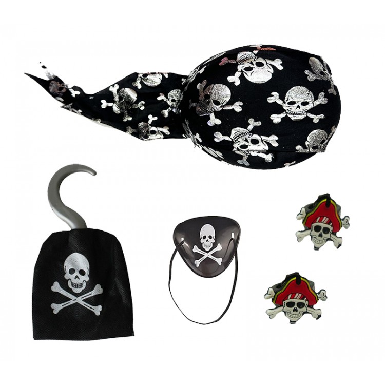 Skull Printed Pirate Hat Hook Eye Mask and 2 Pcs Rings Pirate Party Set Kids Size