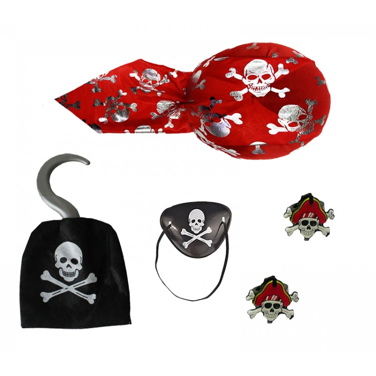 Skull Printed Pirate Hat Hook Eye Mask and 2 Pcs Rings Pirate Party Set Kids Size