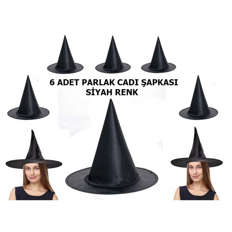 Halloween Siyah Renk Parlak Dralon Cadı Şapkası Yetişkin ve Çocuk Uyumlu 6 Adet Halloween Siyah Renk Parlak Dralon Cadı Şapkası Yetişkin ve Çocuk Uyumlu 6 Adet