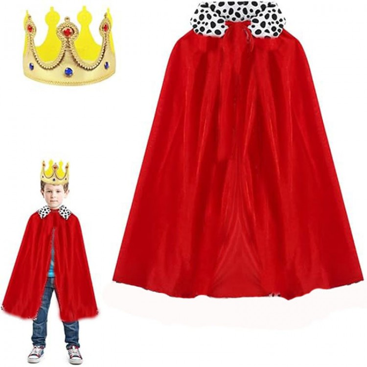 Çocuk Boy Kral Pelerini 90 cm ve Yumuşak Eva Kral Tacı Altın Renk