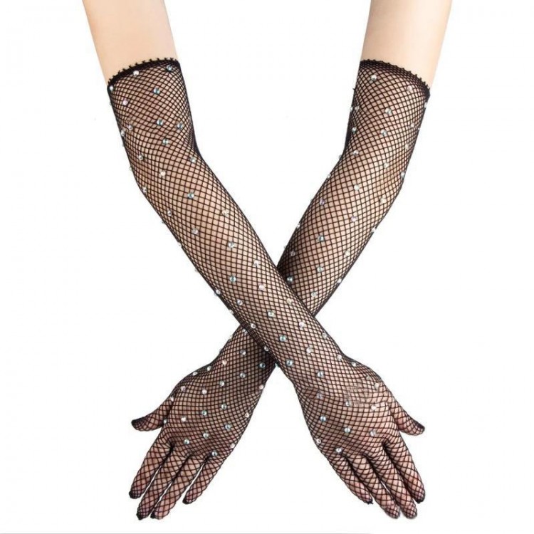 Black Pearl Diamond Embroidered Mesh Knit Long Gloves 45 cm