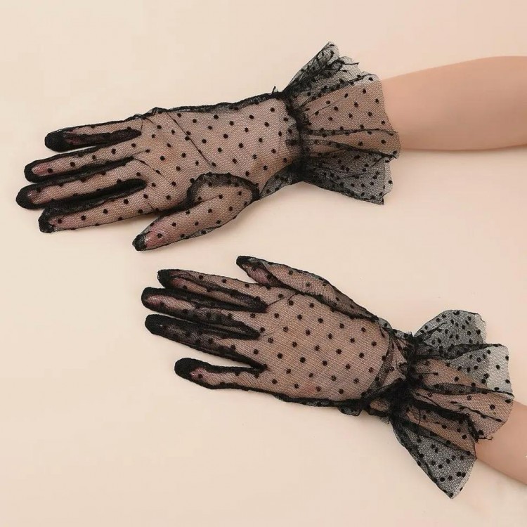 Short Black Lace-Trimmed Polka Dot Tulle Gloves Black Color Short Black Lace-Trimmed Polka Dot Tulle Gloves Black Color