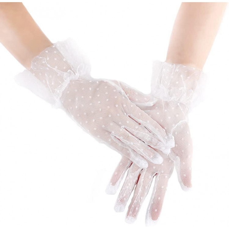 Short-Sleeved Lace-Trimmed White Polka Dot Tulle Gloves in White Short-Sleeved Lace-Trimmed White Polka Dot Tulle Gloves in White