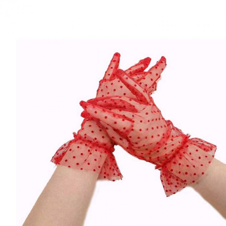 Short Red Lace-Trimmed Polka Dot Tulle Gloves Red Color Short Red Lace-Trimmed Polka Dot Tulle Gloves Red Color