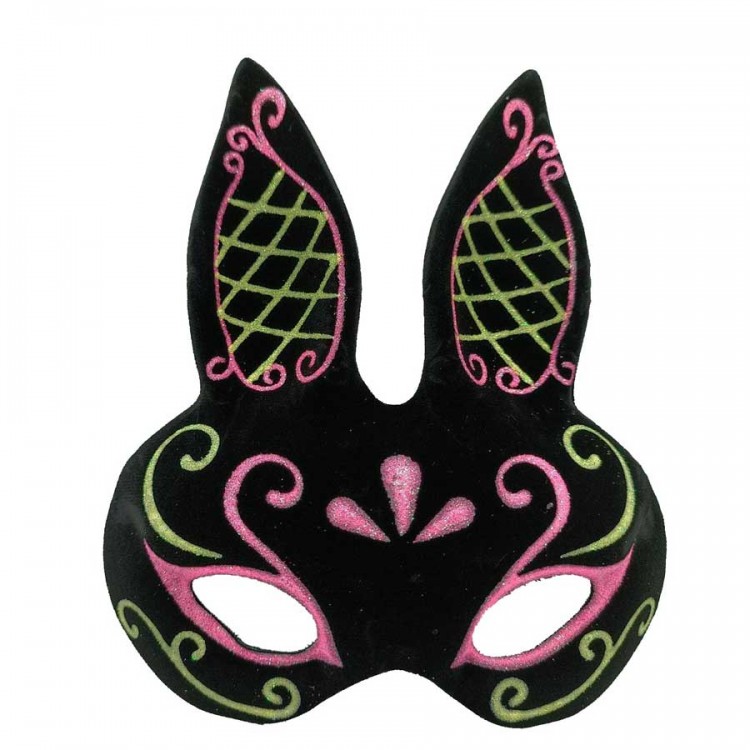 Black Pink Gold Glitter Black Suede Rabbit Mask 18x16 cm