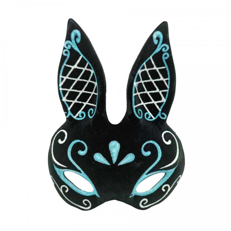 Black Color Blue White Glitter Black Suede Covered Rabbit Mask 18x16 cm Black Color Blue White Glitter Black Suede Covered Rabbit Mask 18x16 cm