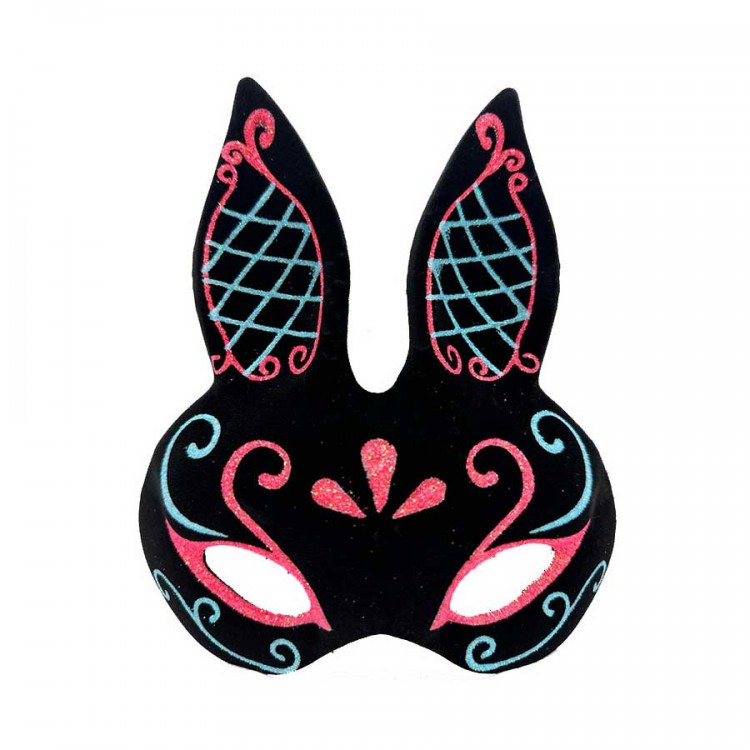Black Color Blue Red Glitter Black Suede Covered Rabbit Mask 18x16 cm Black Color Blue Red Glitter Black Suede Covered Rabbit Mask 18x16 cm