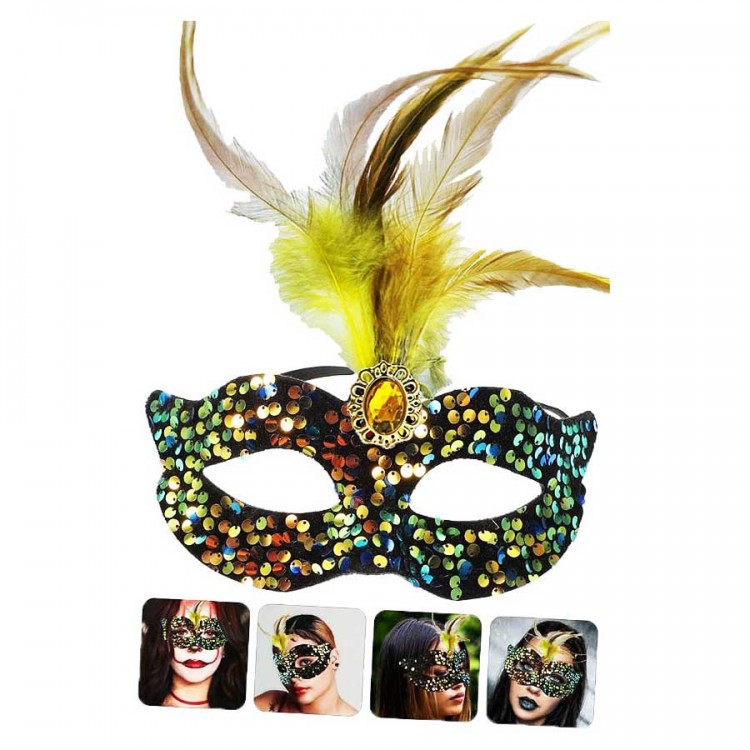 Black Velvet Party Mask with Colorful Sequins, Yellow Feathers, and Yellow Stones, 19x21 cm