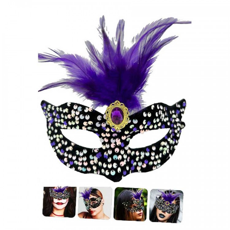 Black Velvet with Colorful Sequins, Purple Feathers, and Purple Stones Party Mask 19x21 cm