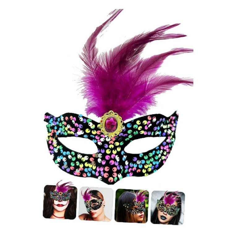 Black Velvet with Colorful Sequins, Pink Feathers, and Pink Stones Party Mask 19x21 cm