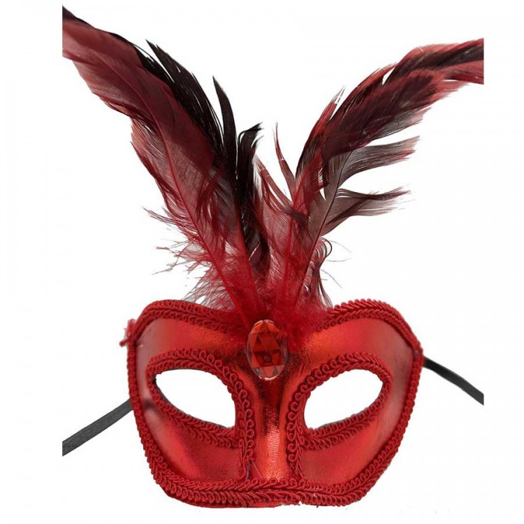 Red Color Leatherette Coated Red Fuzzy Party Mask 18x20 cm