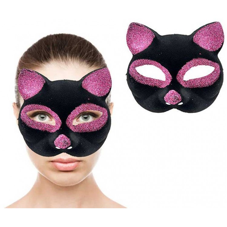 Black Color Pink Glitter Suede Cat Mask 18x14 cm