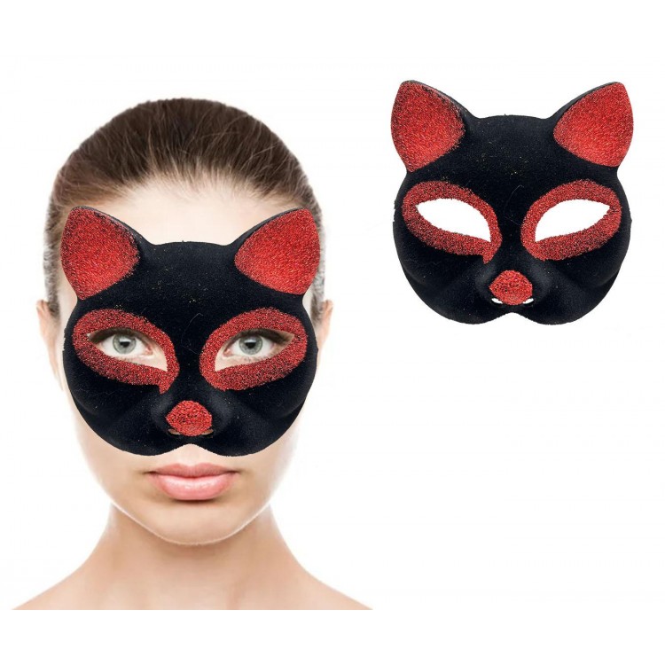 Black Color Red Glitter Suede Cover Cat Mask 18x14 cm