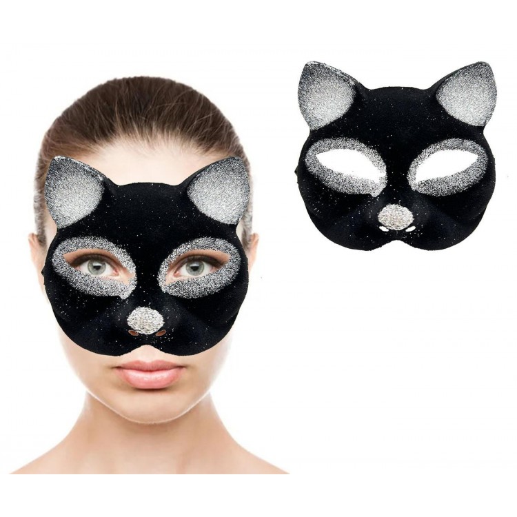 Black Color Silver Glitter Suede Cover Cat Mask 18x14 cm