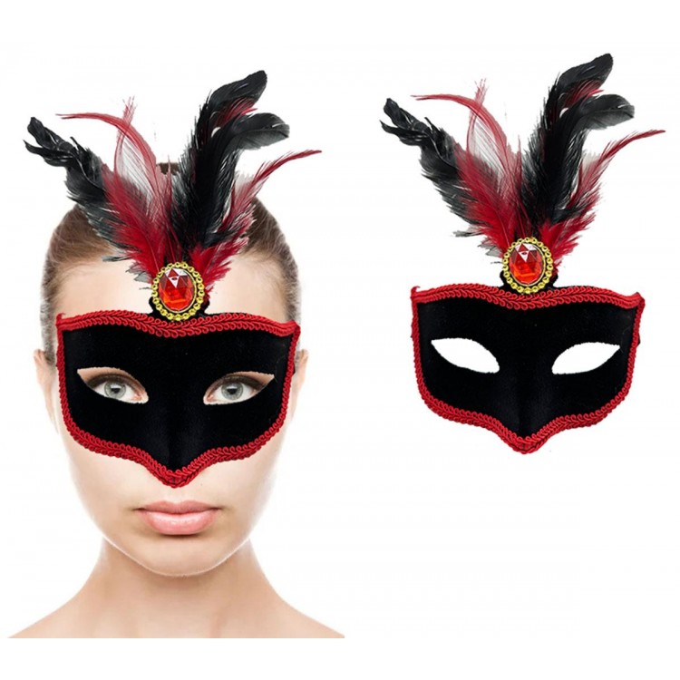 Red Lace Black Red Feathered Black Suede Covered Party Mask 17x25 cm