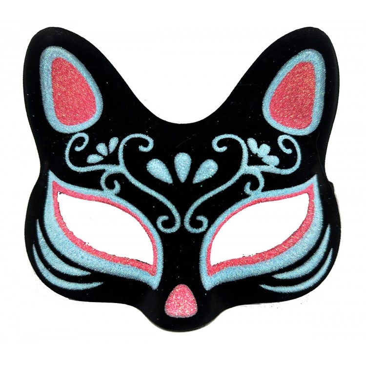 Black Cat Mask with Blue and Red Glitter Suede Overlay 17x14 cm Black Cat Mask with Blue and Red Glitter Suede Overlay 17x14 cm