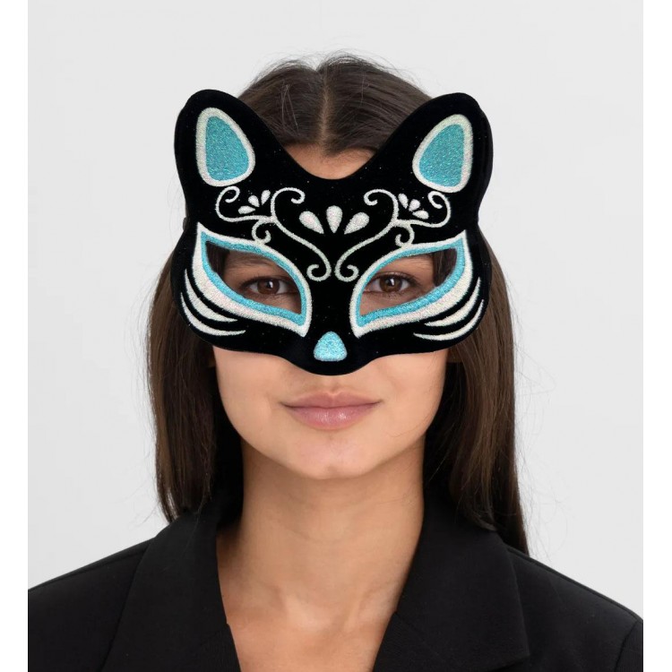 Black Suede Cover with Silver Blue Glitter Cat Mask 17x14 cm Black Suede Cover with Silver Blue Glitter Cat Mask 17x14 cm