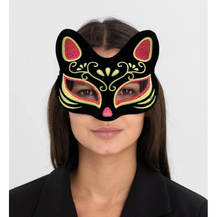 Black Suede Cover with Red and Yellow Sequined Cat Mask 17x14 cm Black Suede Cover with Red and Yellow Sequined Cat Mask 17x14 cm