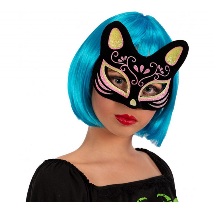 Black Suede Cover with Yellow and Pink Glitter Cat Mask 17x14 cm Black Suede Cover with Yellow and Pink Glitter Cat Mask 17x14 cm