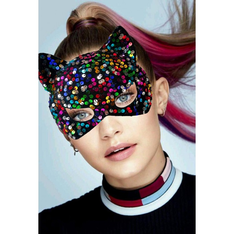 Colorful Sequin Party Mask on Black Velvet Fabric 16x14 cm