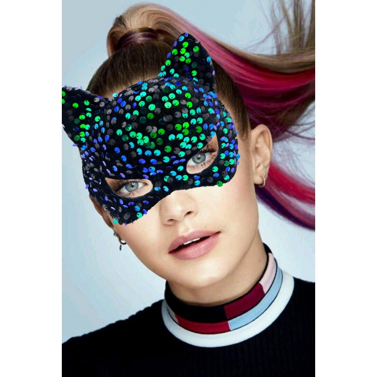 Black Velvet Fabric with Blue-Green Sequined Party Mask 16x14 cm