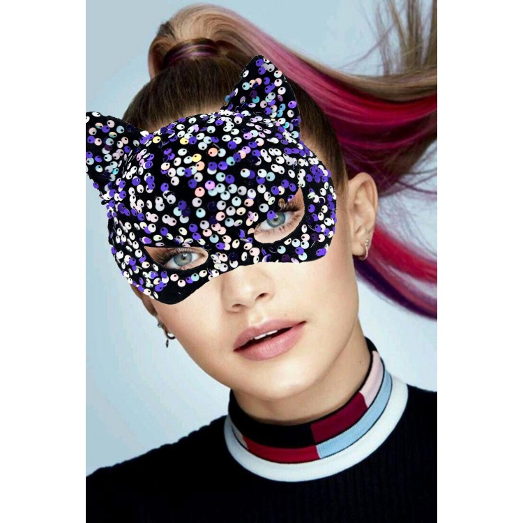 Purple and White Sequin Party Mask on Black Velvet Fabric 16x14 cm