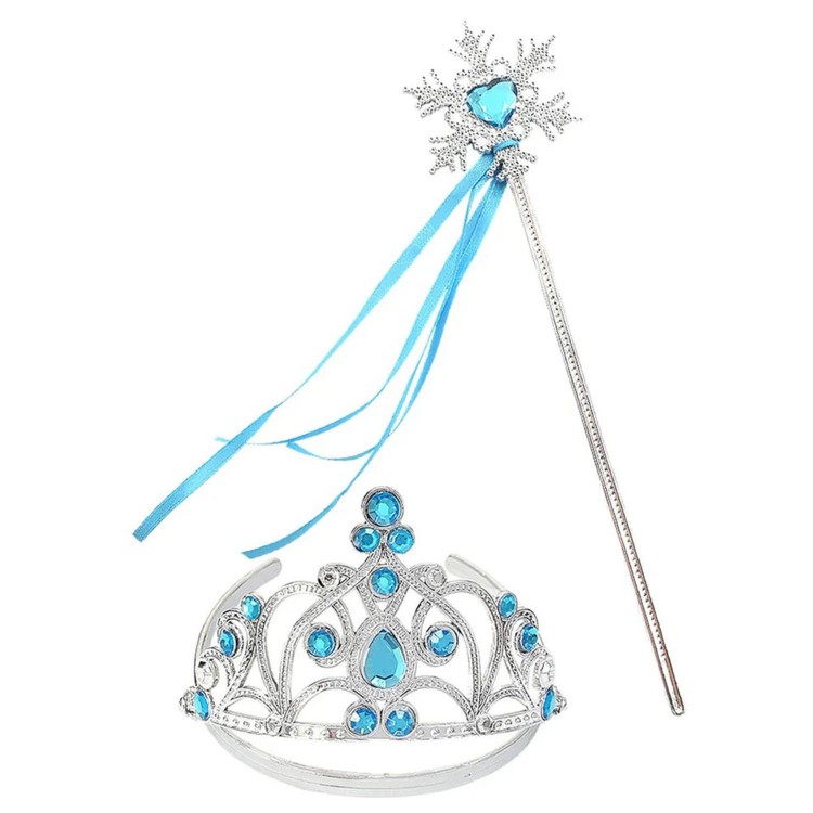 Elsa Children's Crown with Blue Stones and Elsa's Snowflake-Themed Ribbon Wand