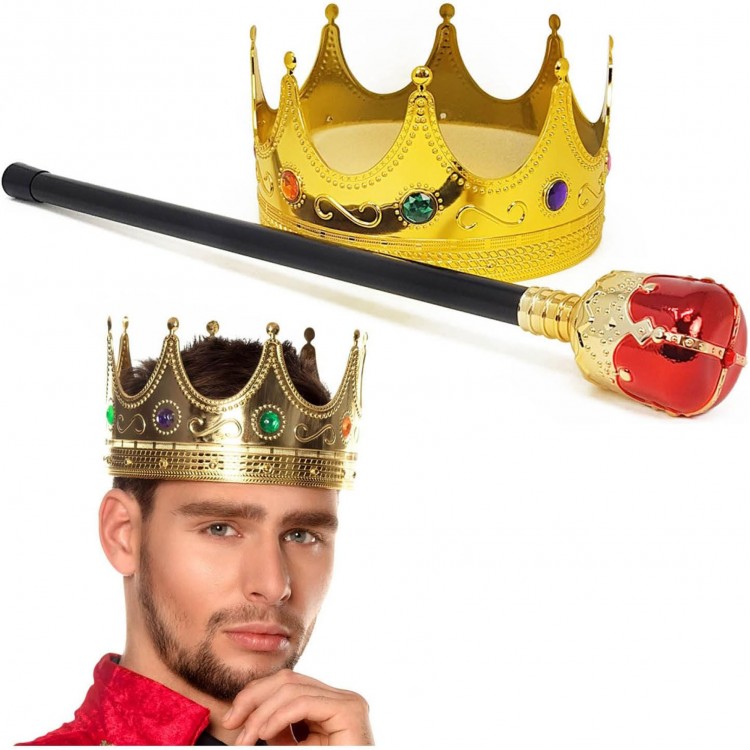 Gold Color 60 cm King's Crown Royal Crown and Red Top-Hatted King's Scepter Set
