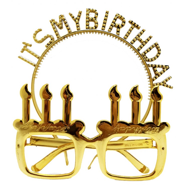 It's My Birthday Written Crown and Candle-Shaped Glasses Set Gold Color It's My Birthday Written Crown and Candle-Shaped Glasses Set Gold Color